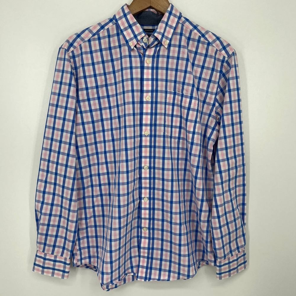 Mason James Mens Stretch Long Sleeve Button Down Shirt Blue Pink Check Size S